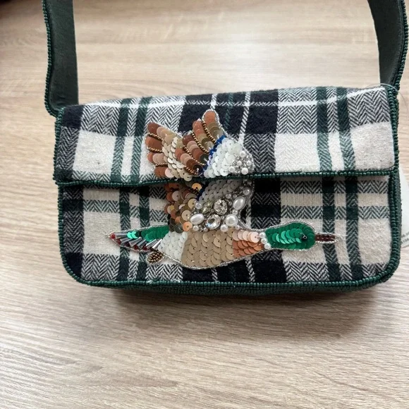 Anthropologie The Fiona Beaded Shoulder Bag Animal Edition Duck Plaid Green - Picture 13 of 13
